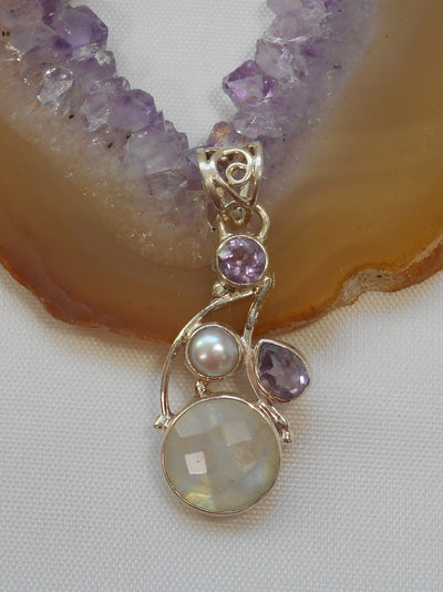 Moonstone Pendant 6 with Amethyst Quartz & Pearl