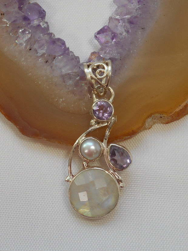 Moonstone Pendant 6 with Amethyst Quartz & Pearl