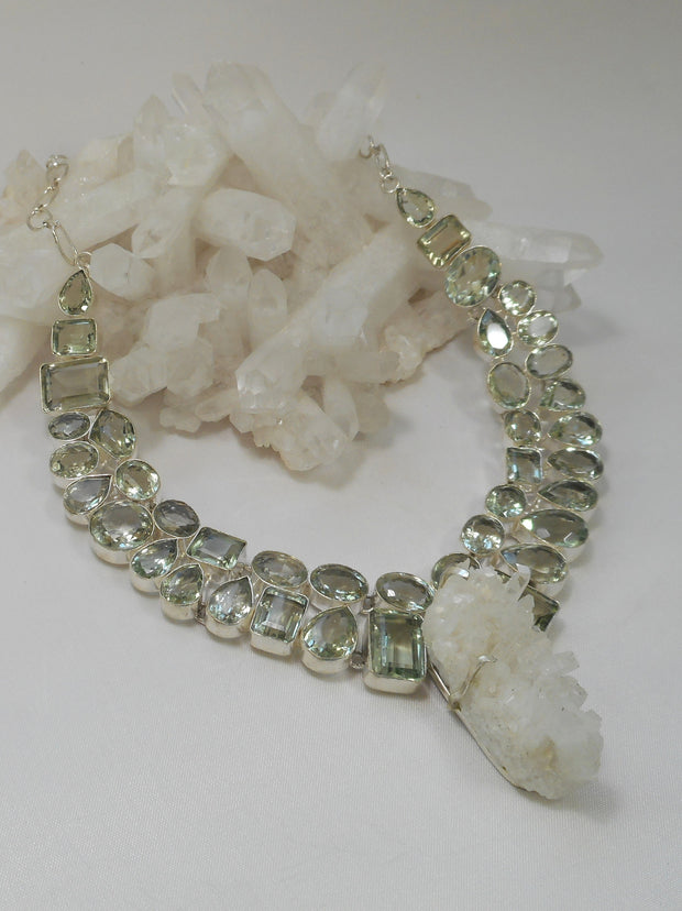 Green Amethyst And Rough Quartz Crystal Artisan Gemstones Necklace 1
