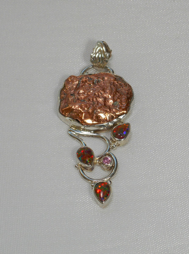 Native Copper Pendant 3 with Fire Opals and Kunzite