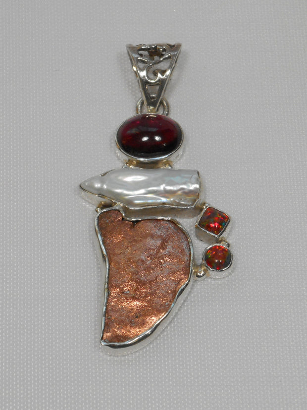Native Copper Pendant 4 with Garnet, Opal and Pearl