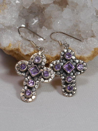 Amethyst Quartz Jeweled Cross Earring Set
