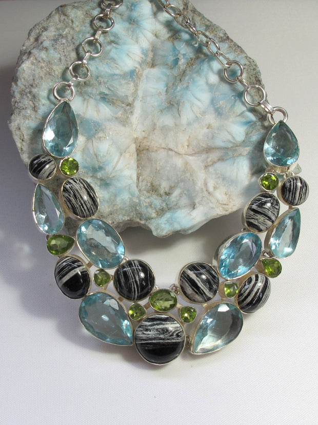 Zebra Jasper, Peridot and Blue Topaz Gemstones Necklace