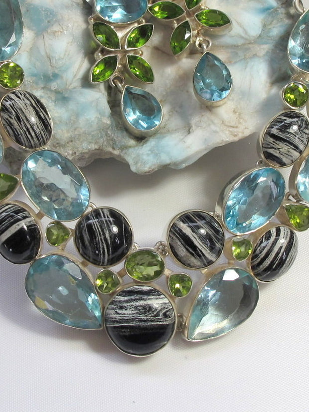 Zebra Jasper, Peridot and Blue Topaz Gemstones Necklace