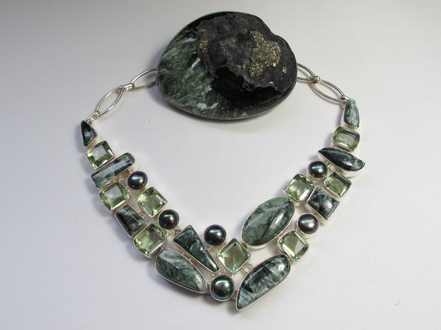 Seraphinite and Green Amethyst Quartz Necklace with Pearls