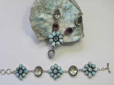 Larimar and Green Amethyst Quartz Flower Cluster Bracelet 2