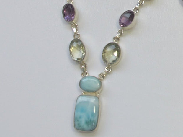 Delicate Larimar Necklace 2 with Green and Purple Amethyst Quartz