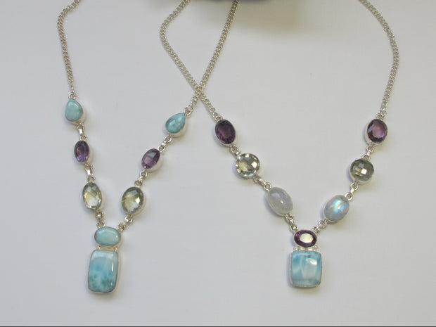 Delicate Larimar Necklace 2 with Green and Purple Amethyst Quartz