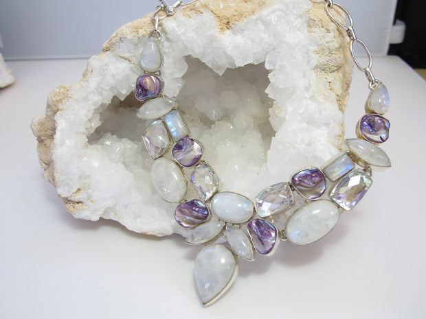 Moonstone, Rainbow Topaz, and Pearl Necklace