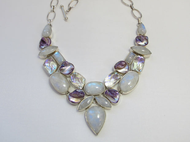 Moonstone, Rainbow Topaz, and Pearl Necklace