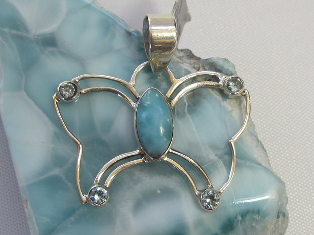 Larimar and Sterling Butterfly Pendant with Blue Topaz