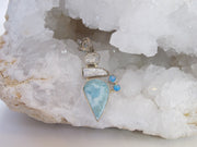 Larimar Pendant with White Topaz, Fire Opal and Biwa Pearl