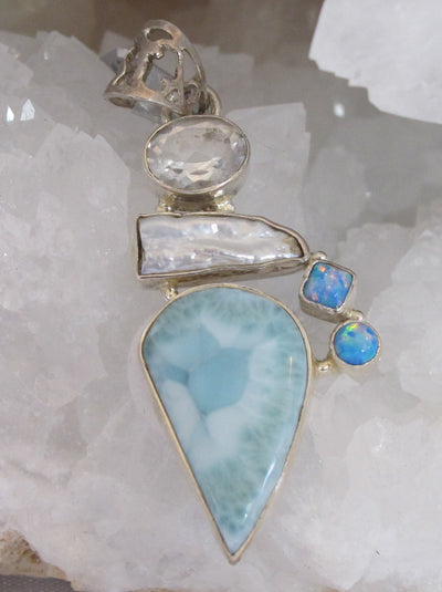 Larimar Pendant with White Topaz, Fire Opal and Biwa Pearl