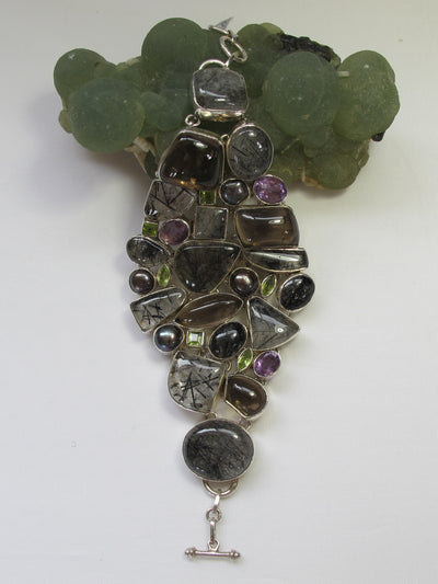 Rutilated Quartz and Smoky Quartz Bracelet with Peridot, Pearl and Purple Amethyst Crystal Gemstones