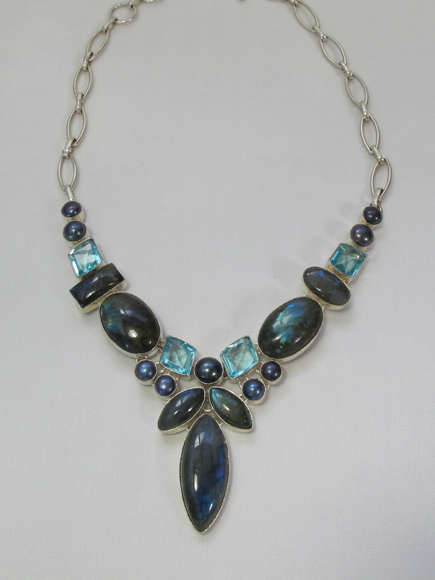 Labradorite and Blue Topaz Necklace 1 with Pearl