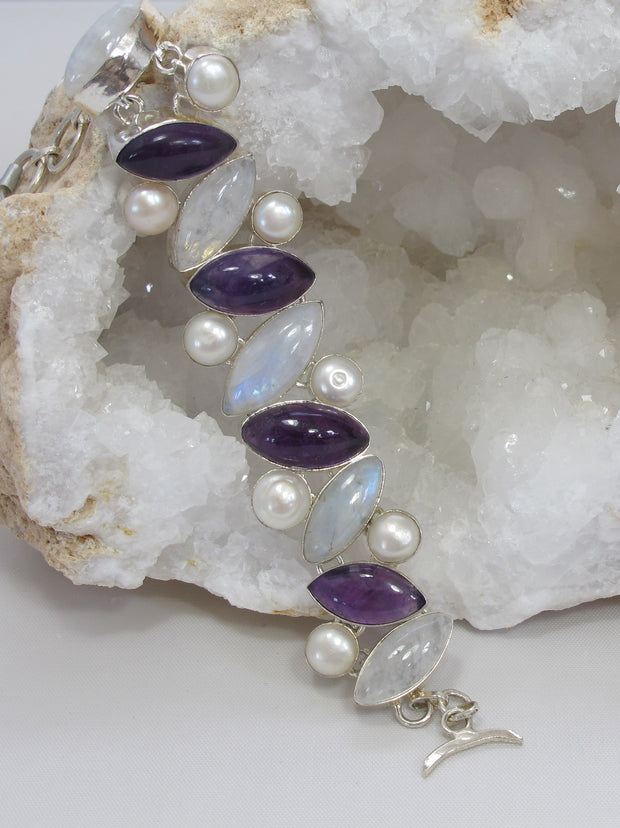 Moonstone Bracelet 5 with Amethyst Quartz and Pearl