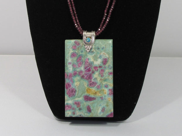 Ruby in Fuchsite Gemstones Pendant with Fire Opals and beaded Garnet strands