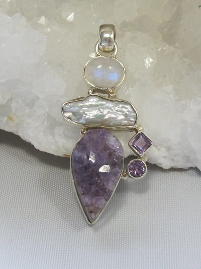 Amethyst Quartz Pendant 3 with Pearl and Moonstone