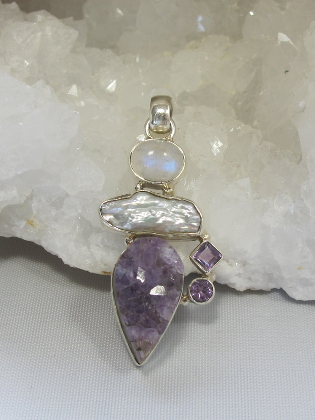 Amethyst Quartz Pendant 3 with Pearl and Moonstone