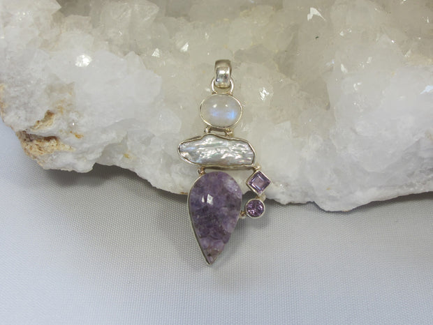 Amethyst Quartz Pendant 3 with Pearl and Moonstone