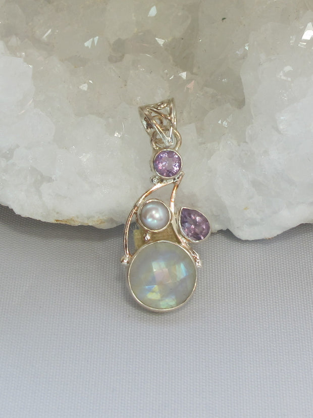 Moonstone Pendant 6 with Amethyst Quartz & Pearl