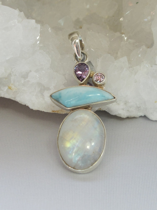 Moonstone and Larimar Pendant with Amethyst Quartz