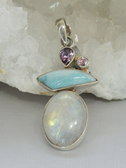 Moonstone and Larimar Pendant with Amethyst Quartz