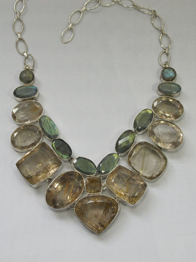 Golden Rutilated Quartz Crystal and Faceted Labradorite Gemstones Necklace