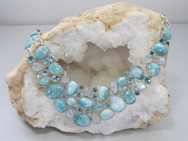 Large Larimar and Moonstone Collar Necklace with Blue Topaz
