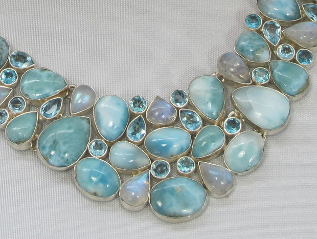 Large Larimar and Moonstone Collar Necklace with Blue Topaz