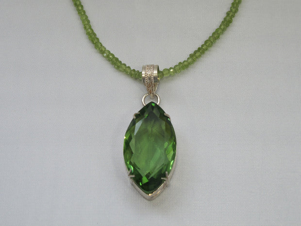 Large Marquis Peridot Quartz Pendant with beaded Peridot Necklace