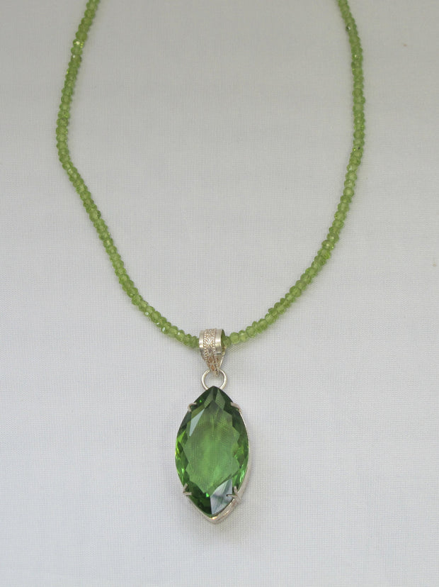 Large Marquis Peridot Quartz Pendant with beaded Peridot Necklace