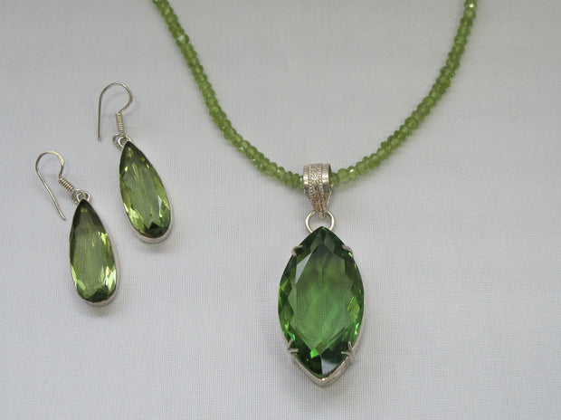 Large Marquis Peridot Quartz Pendant with beaded Peridot Necklace