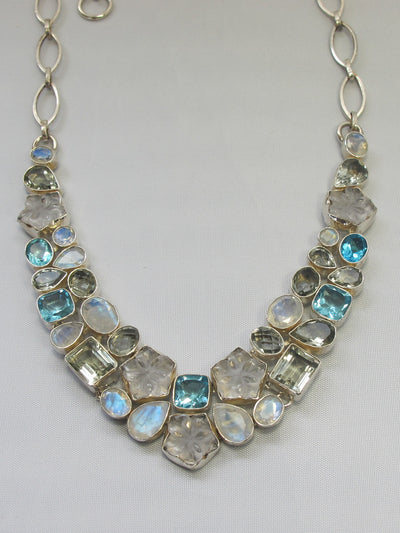 Carved Moonstone and Green Amethyst Quartz Necklace with Blue Topaz