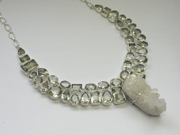 Green Amethyst And Rough Quartz Crystal Artisan Gemstones Necklace 1