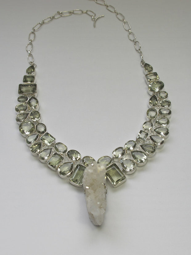 Green Amethyst And Rough Quartz Crystal Artisan Gemstones Necklace 1