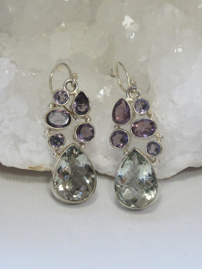 *Green Amethyst Quartz Teardrop Earring Set with Purple Amethyst