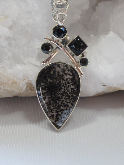 Dendritic Opal Teardrop Pendant with Onyx 2