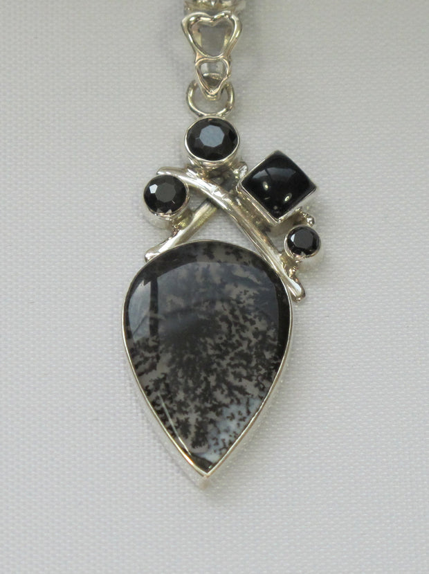 Dendritic Opal Teardrop Pendant with Onyx 2