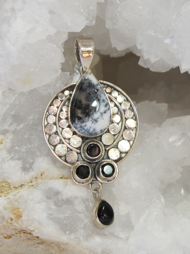 Dendritic Opal and Sterling Pendant with Onyx