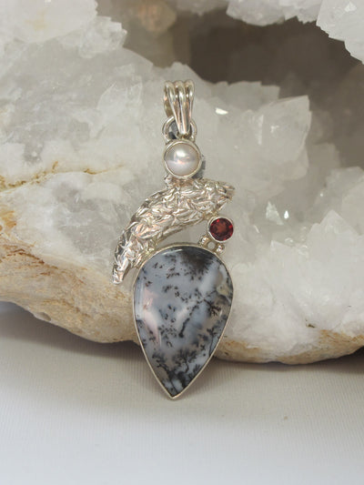 Dendritic Opal Pendant with Pearl and Garnet