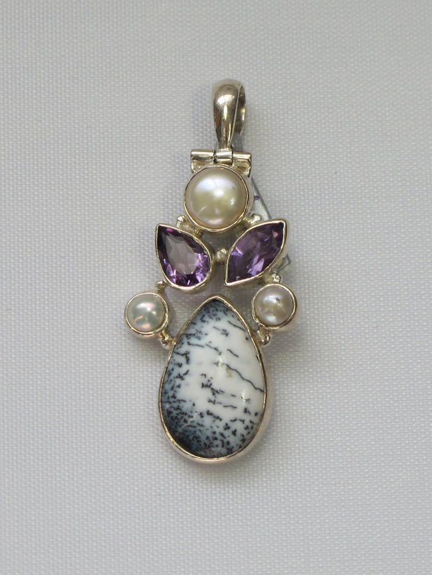 Dendritic Opal Teardrop Pendant with Amethyst Quartz and Pearl