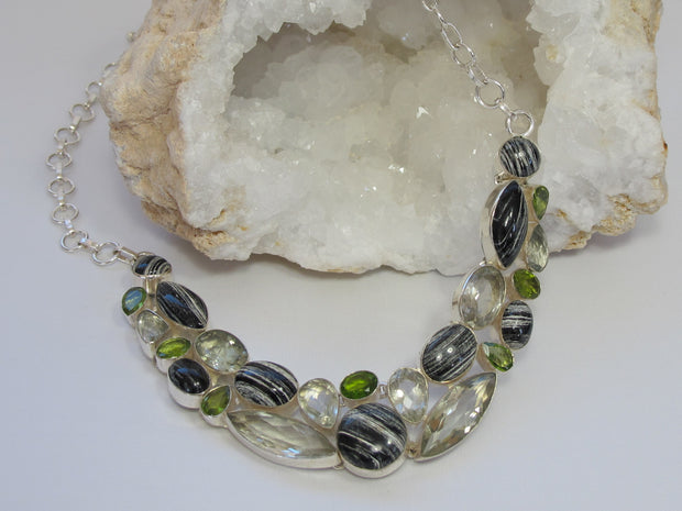 Zebra Jasper, Peridot and Green Amethyst Quartz Gemstones Necklace