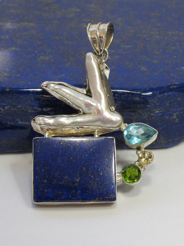 Lapis Pendant 2 with Pearl, Topaz, Citrine Quartz and Peridot