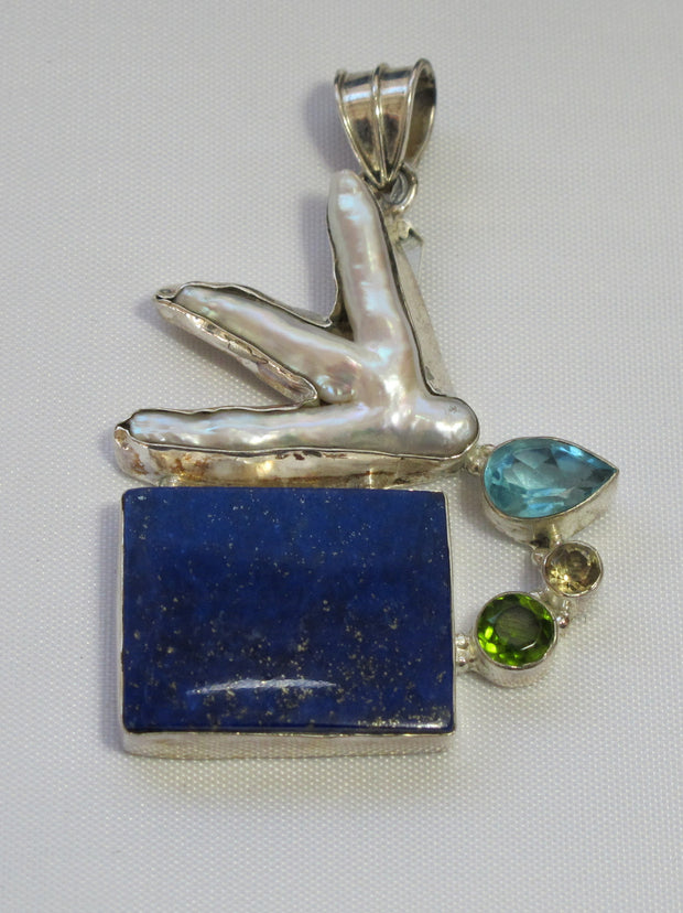 Lapis Pendant 2 with Pearl, Topaz, Citrine Quartz and Peridot