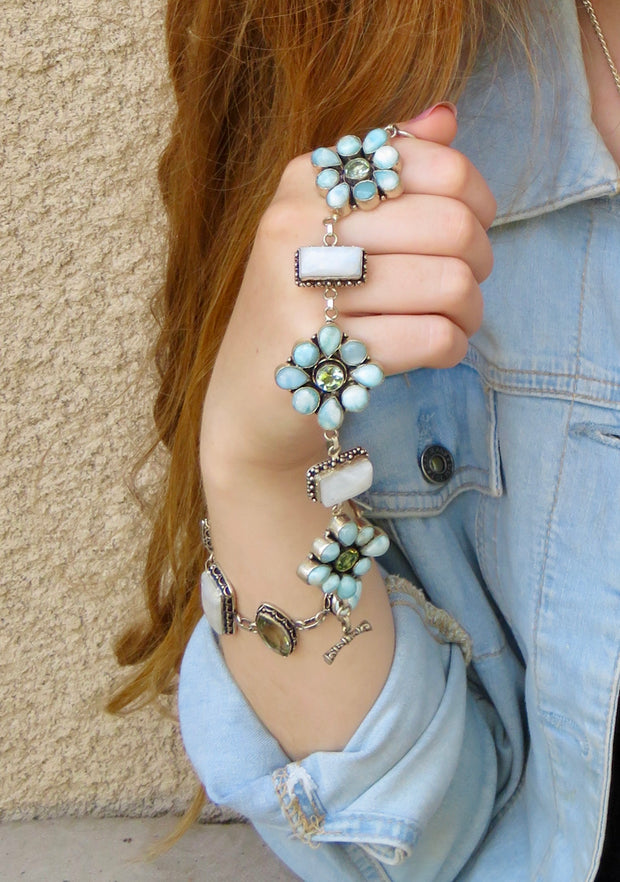 Larimar and Moonstone Flower Cluster Bracelet 10